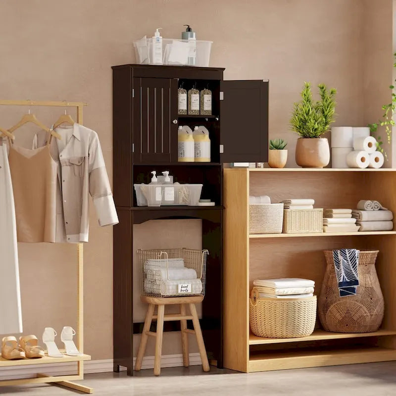 Meuble de rangement haut de salle de bain au-dessus des toilettes, à double porte, avec étagères réglables, marron foncé blanc