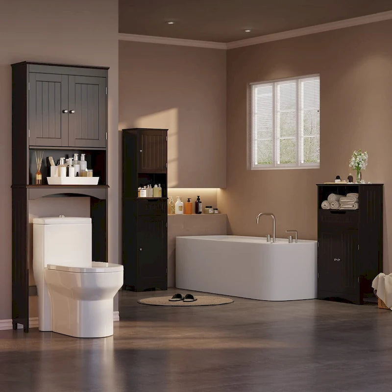 Meuble de rangement haut de salle de bain au-dessus des toilettes, à double porte, avec étagères réglables, marron foncé blanc