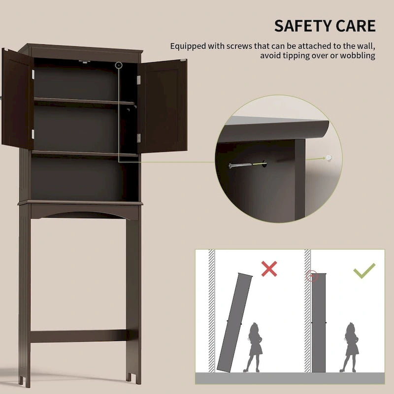 Meuble de rangement haut de salle de bain au-dessus des toilettes, à double porte, avec étagères réglables, marron foncé blanc