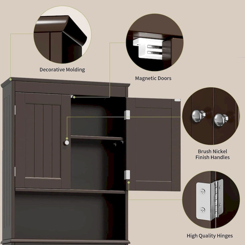 Meuble de rangement haut de salle de bain au-dessus des toilettes, à double porte, avec étagères réglables, marron foncé blanc