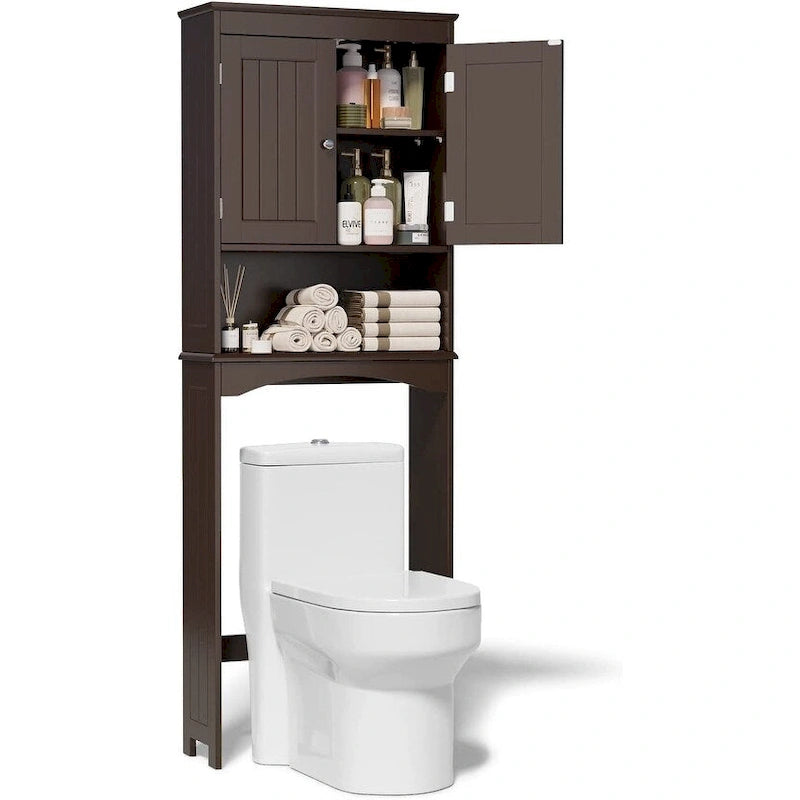 Meuble de rangement haut de salle de bain au-dessus des toilettes, à double porte, avec étagères réglables, marron foncé blanc