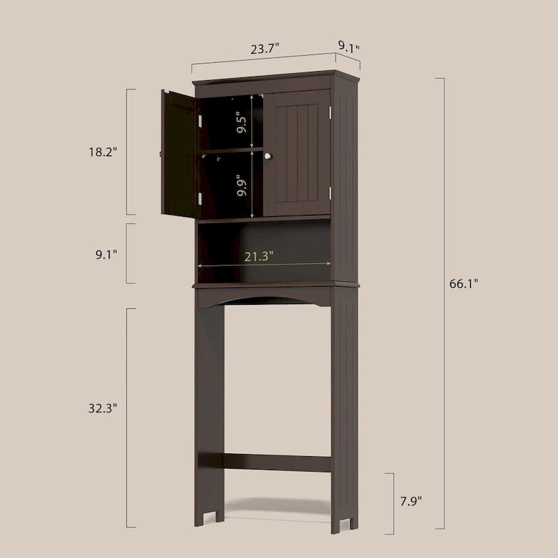 Meuble de rangement haut de salle de bain au-dessus des toilettes, à double porte, avec étagères réglables, marron foncé blanc