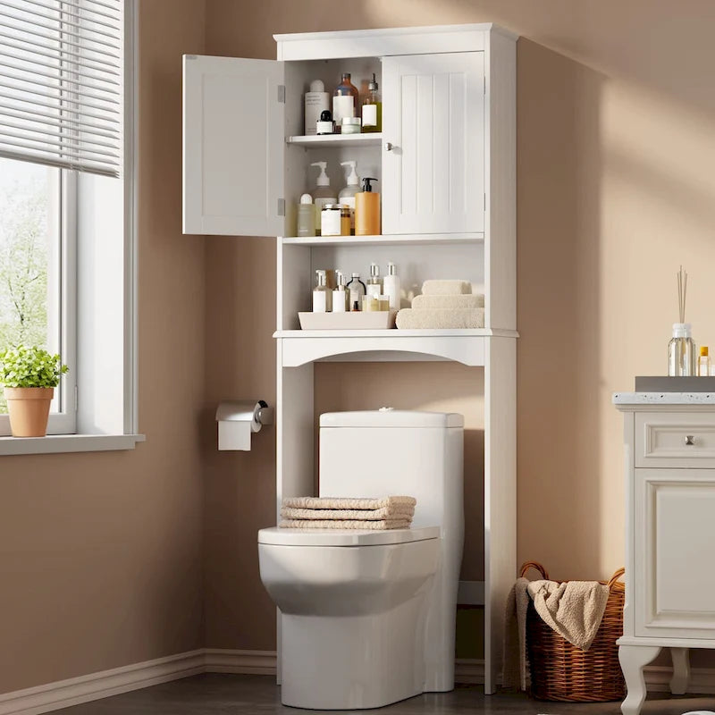 Meuble de rangement haut de salle de bain au-dessus des toilettes, à double porte, avec étagères réglables, marron foncé blanc