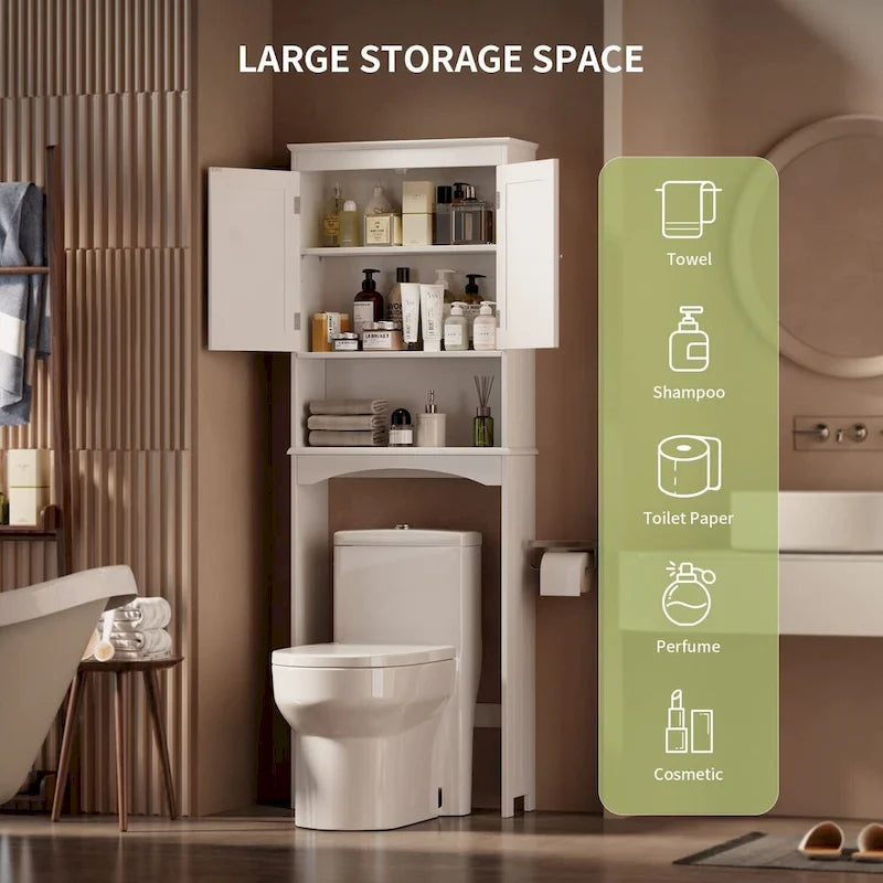 Meuble de rangement haut de salle de bain au-dessus des toilettes, à double porte, avec étagères réglables, marron foncé blanc