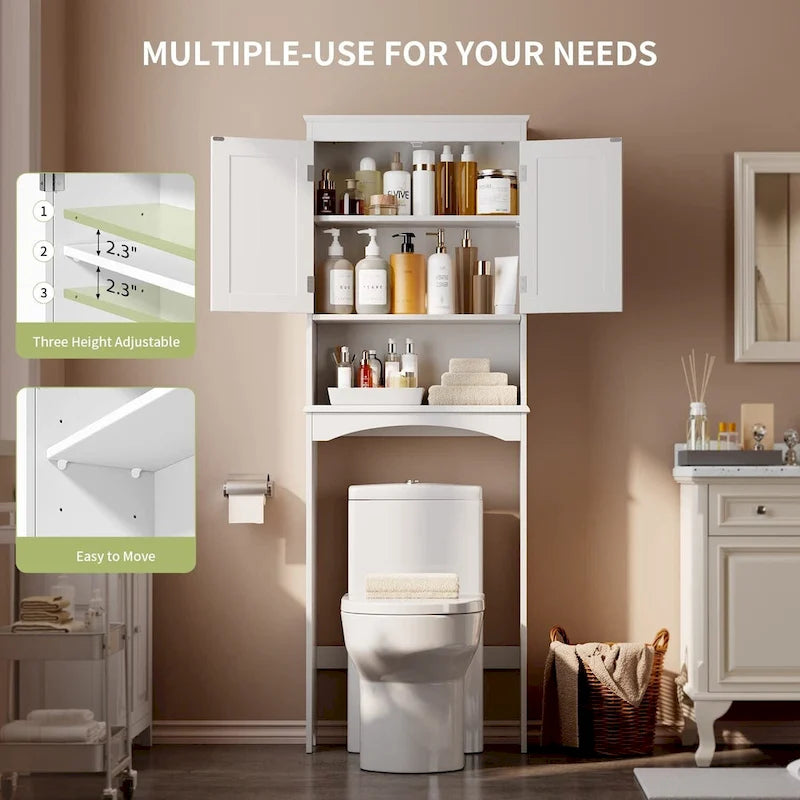 Meuble de rangement haut de salle de bain au-dessus des toilettes, à double porte, avec étagères réglables, marron foncé blanc