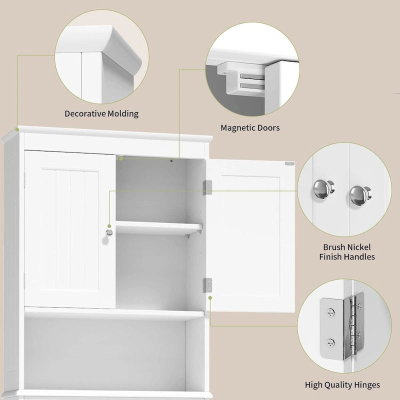 Meuble de rangement haut de salle de bain au-dessus des toilettes, à double porte, avec étagères réglables, marron foncé blanc