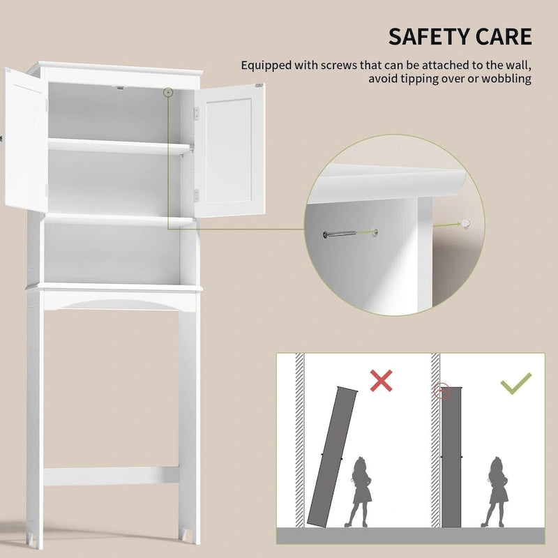 Meuble de rangement haut de salle de bain au-dessus des toilettes, à double porte, avec étagères réglables, marron foncé blanc