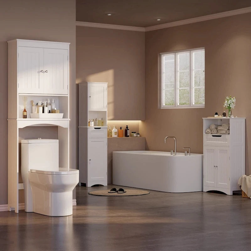 Meuble de rangement haut de salle de bain au-dessus des toilettes, à double porte, avec étagères réglables, marron foncé blanc