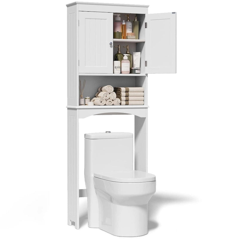 Meuble de rangement haut de salle de bain au-dessus des toilettes, à double porte, avec étagères réglables, marron foncé blanc