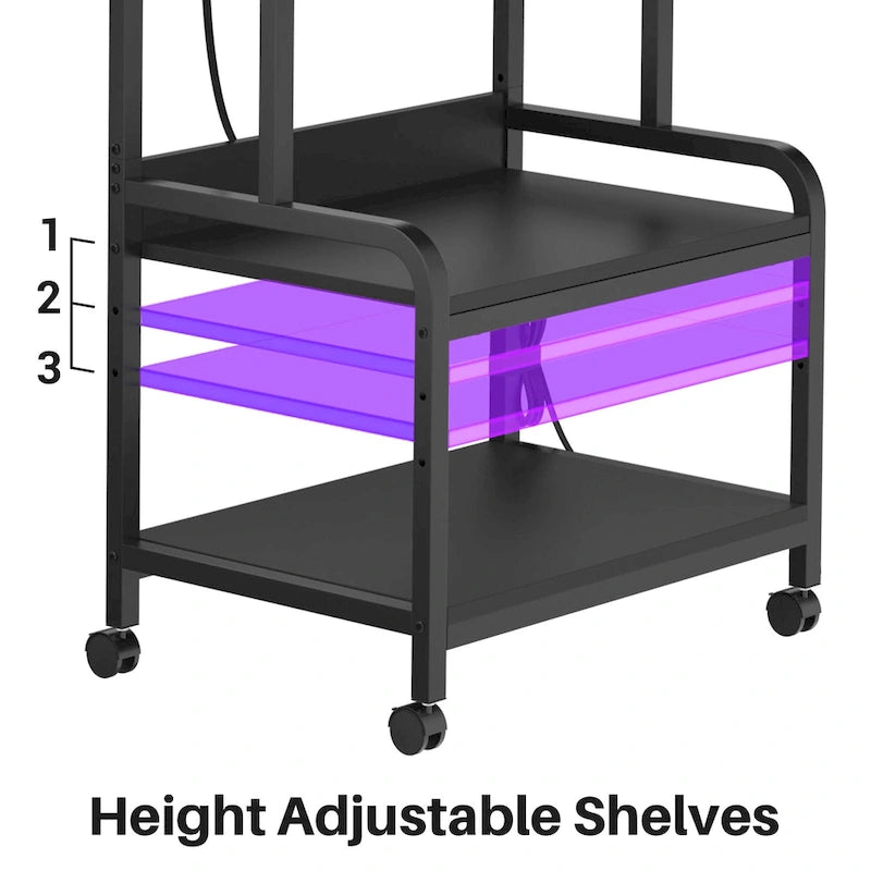 Meuble d'imprimante roulant avec station de recharge Étagères réglables Noir