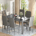 Ensemble de salle à manger 7 pièces Grondin Modern Style avec table en verre trempé et 6 chaises rembourrées en cuir PU