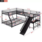 Lit superposé en métal (double au-dessus de grand), lit superposé en L pour 3 enfants, lit superposé triple robuste avec bureau et toboggan, noir