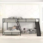 Lit superposé en métal (double au-dessus de grand), lit superposé en L pour 3 enfants, lit superposé triple robuste avec bureau et toboggan, noir