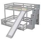 Lit superposé double sur complet avec toboggan, escalier de rangement, garde-corps de sécurité et cadre en bois de pin massif, Blanc/Gris