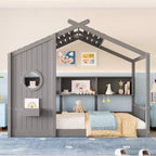 Lit cabane au sol simple, lit Montessori pour enfants avec étagère de rangement et toit