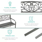 Banc d'extérieur en acier Best Choice Products, mobilier de jardin pour terrasse ou porche avec dossier à motif floral