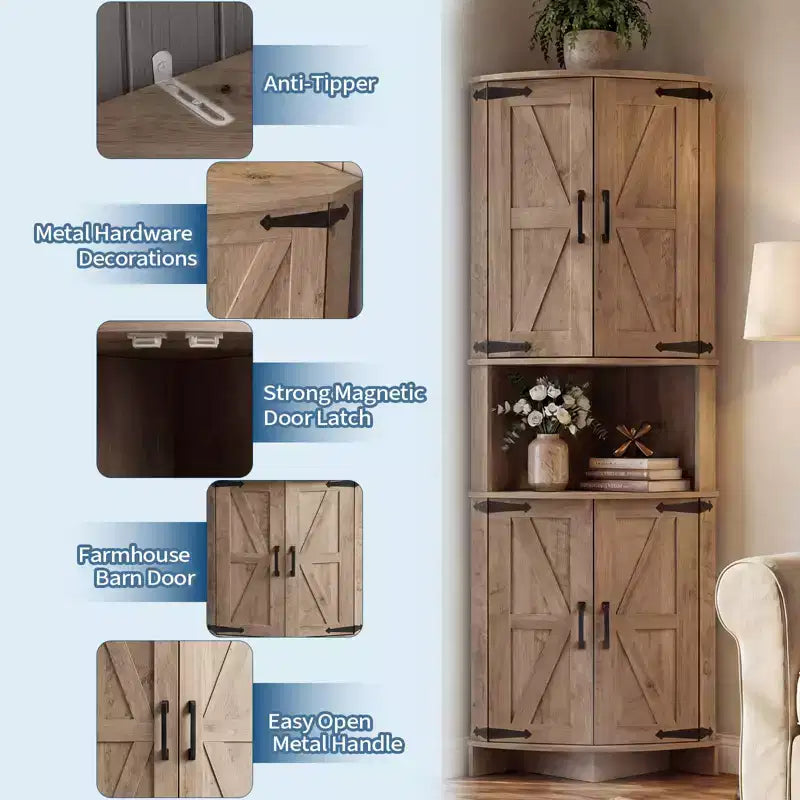64,8" Meuble d'Angle Haut avec Portes, Armoire de Rangement d'Angle Marron Style Ferme, Meuble Garde-Manger d'Angle Autonome avec Étagères Réglables