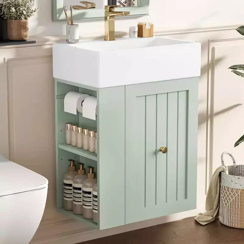 Meuble-lavabo avec évier en céramique, tiroir de rangement en MDF, étagère latérale et poignée dorée