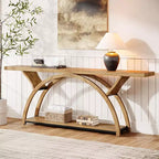 70.87 Table console industrielle avec étagères de rangement à 2 niveaux, marron clair