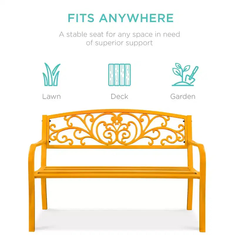 Banc d'extérieur en acier Best Choice Products, mobilier de jardin pour terrasse ou porche avec dossier à motif floral