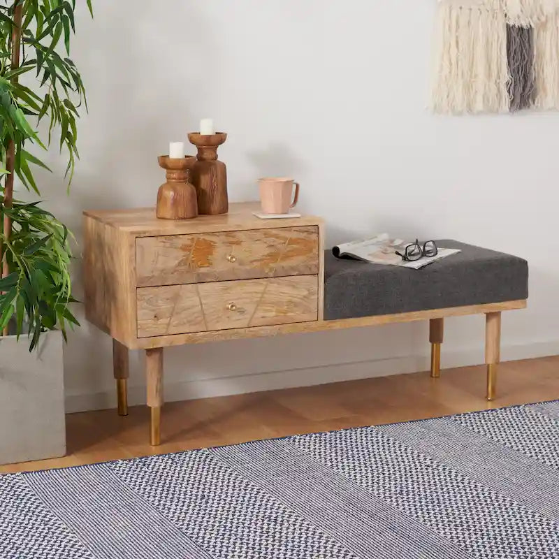 Banc en bois moderne à 2 tiroirs avec coussin en tissu gris et pieds dorés