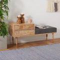Banc en bois moderne à 2 tiroirs avec coussin en tissu gris et pieds dorés