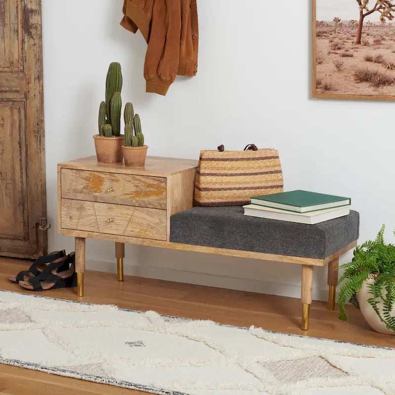 Banc en bois moderne à 2 tiroirs avec coussin en tissu gris et pieds dorés
