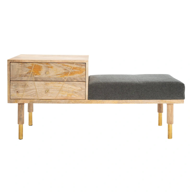 Banc en bois moderne à 2 tiroirs avec coussin en tissu gris et pieds dorés