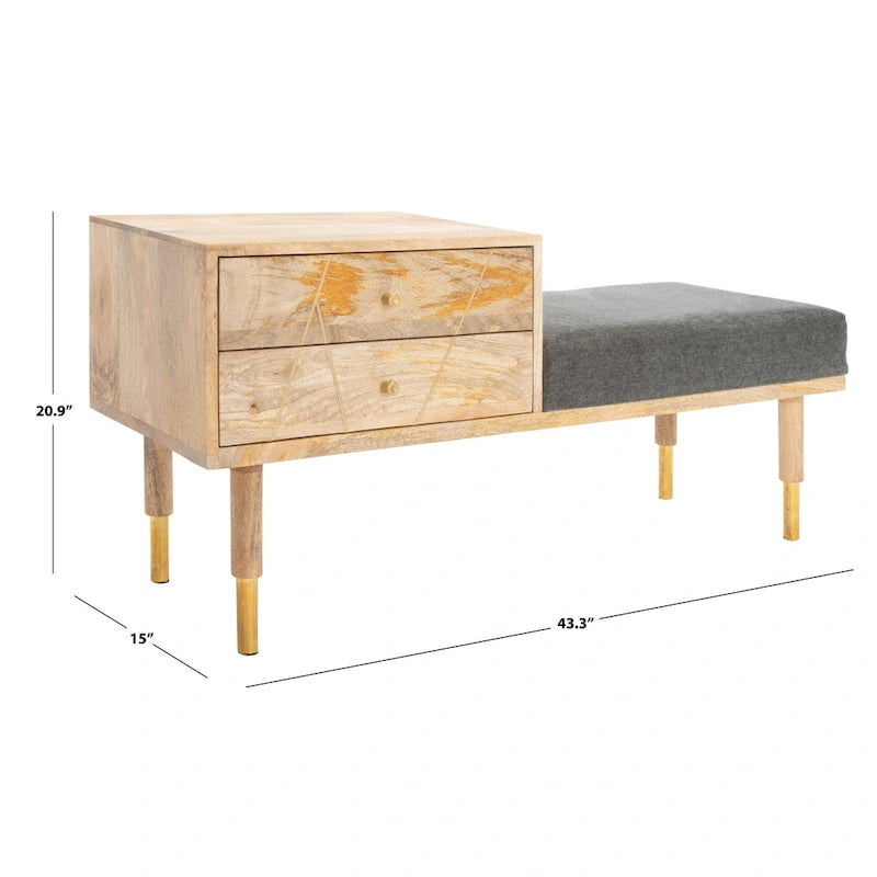 Banc en bois moderne à 2 tiroirs avec coussin en tissu gris et pieds dorés