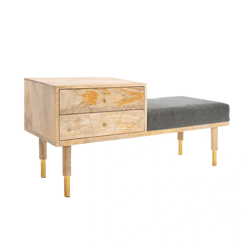 Banc en bois moderne à 2 tiroirs avec coussin en tissu gris et pieds dorés
