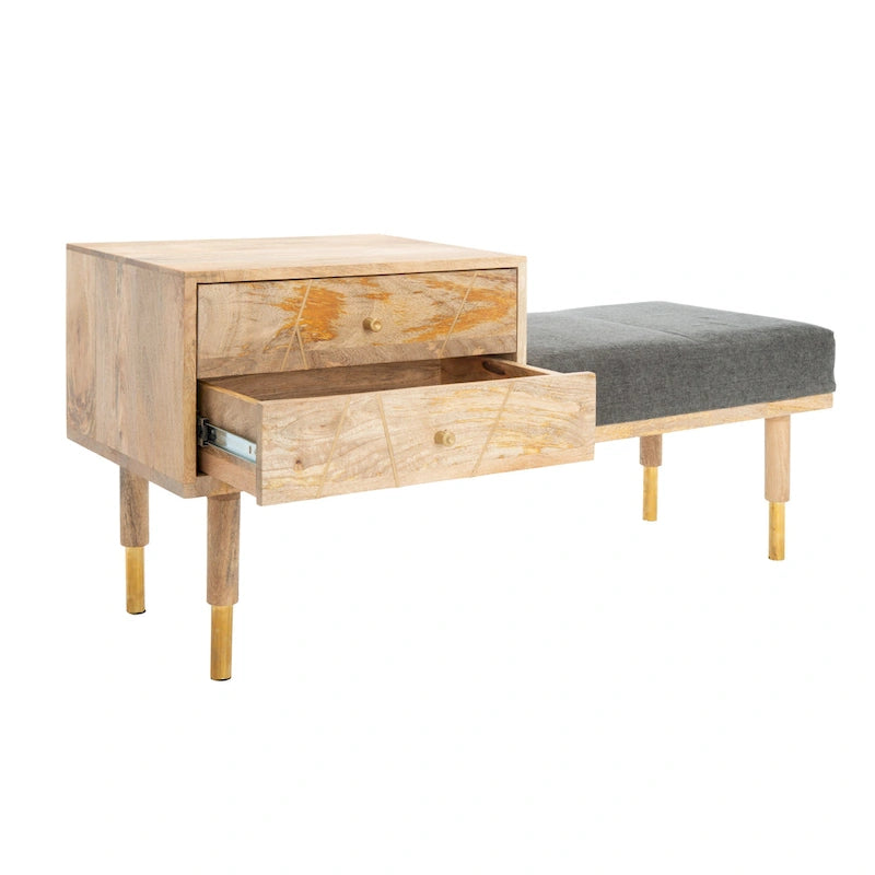 Banc en bois moderne à 2 tiroirs avec coussin en tissu gris et pieds dorés