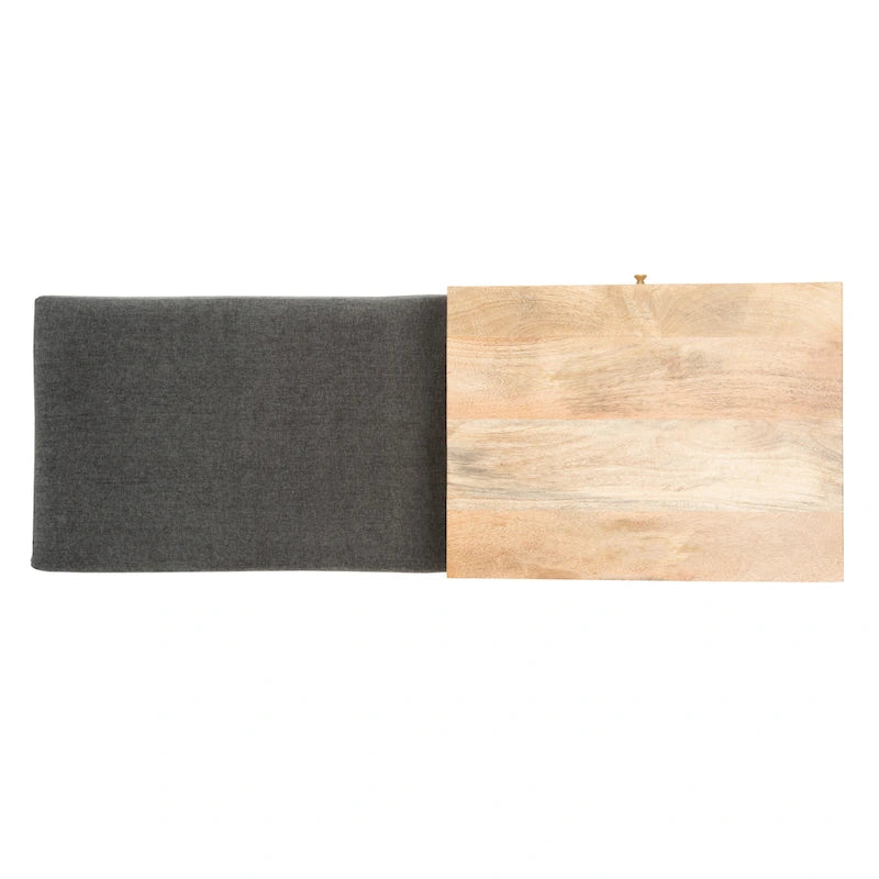 Banc en bois moderne à 2 tiroirs avec coussin en tissu gris et pieds dorés