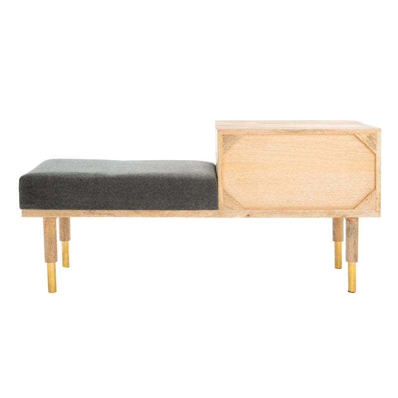 Banc en bois moderne à 2 tiroirs avec coussin en tissu gris et pieds dorés