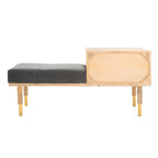 Banc en bois moderne à 2 tiroirs avec coussin en tissu gris et pieds dorés