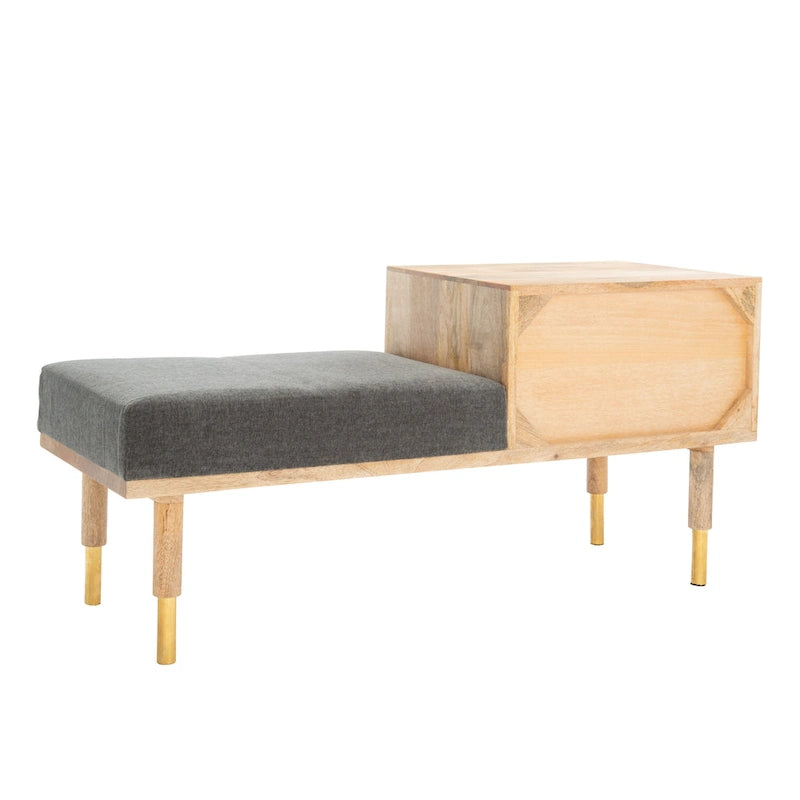 Banc en bois moderne à 2 tiroirs avec coussin en tissu gris et pieds dorés