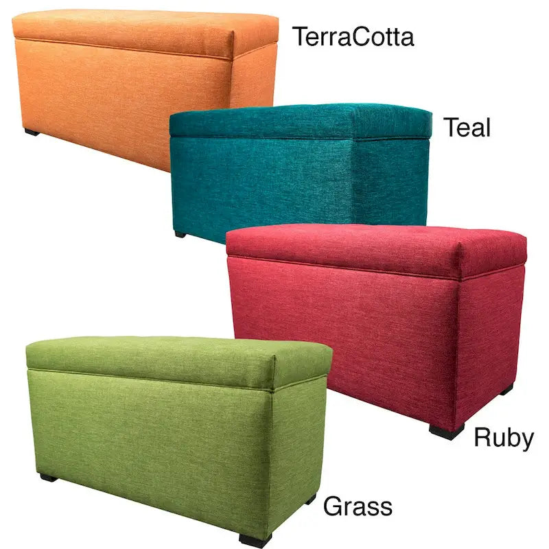 Banc de rangement capitonné avec couvercle et pieds en bois