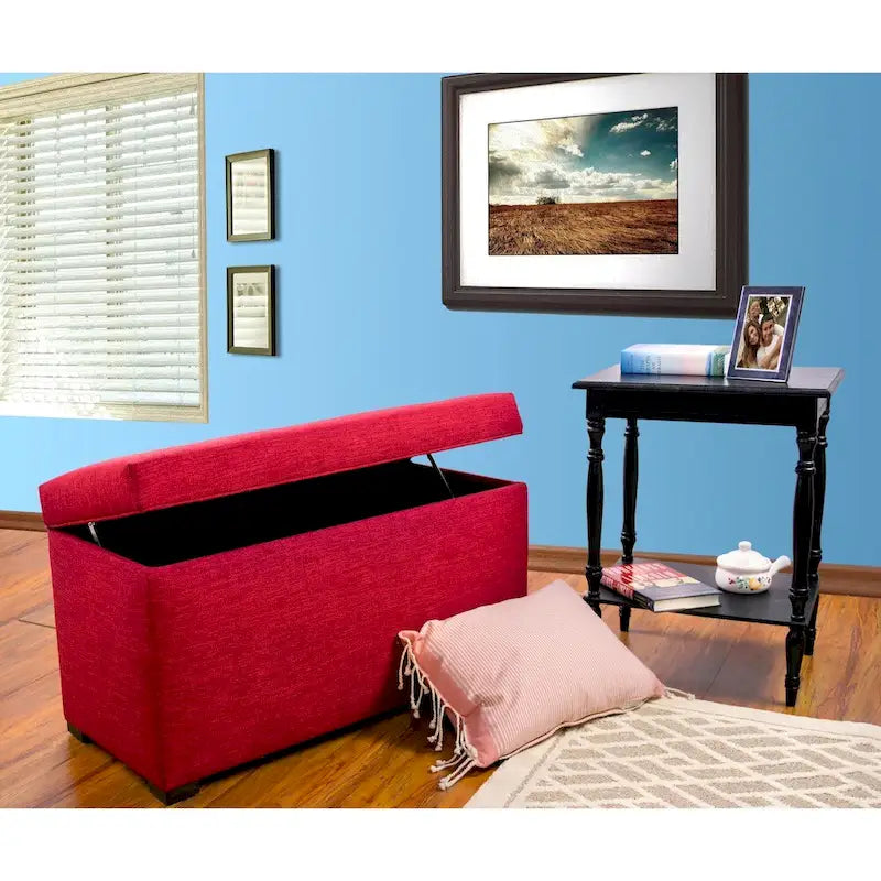 Banc de rangement capitonné avec couvercle et pieds en bois