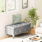 Banc de rangement capitonné en similicuir avec plateau relevable, boutons en cristal et pieds argentés