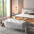 Banc de rangement capitonné en similicuir avec plateau relevable, boutons en cristal et pieds argentés