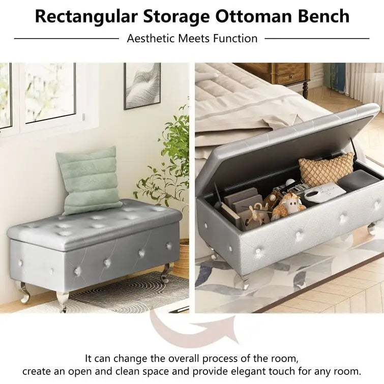 Banc de rangement capitonné en similicuir avec plateau relevable, boutons en cristal et pieds argentés