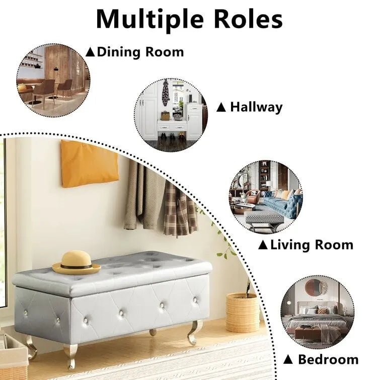 Banc de rangement capitonné en similicuir avec plateau relevable, boutons en cristal et pieds argentés