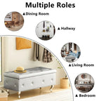 Banc de rangement capitonné en similicuir avec plateau relevable, boutons en cristal et pieds argentés