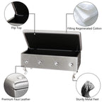 Banc de rangement capitonné en similicuir avec plateau relevable, boutons en cristal et pieds argentés