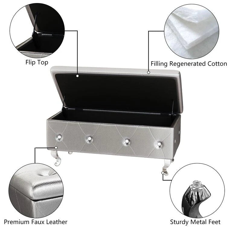 Banc de rangement capitonné en similicuir avec plateau relevable, boutons en cristal et pieds argentés