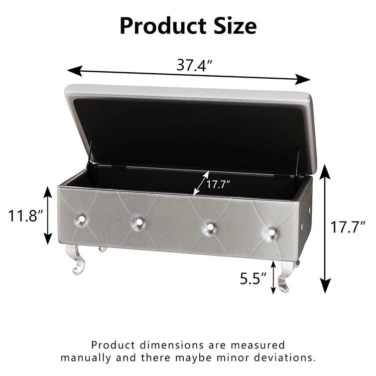 Banc de rangement capitonné en similicuir avec plateau relevable, boutons en cristal et pieds argentés