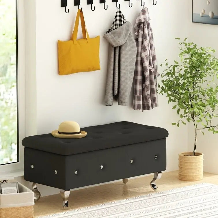 Banc de rangement capitonné en similicuir avec plateau relevable, boutons en cristal et pieds argentés