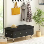 Banc de rangement capitonné en similicuir avec plateau relevable, boutons en cristal et pieds argentés