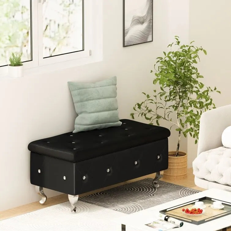 Banc de rangement capitonné en similicuir avec plateau relevable, boutons en cristal et pieds argentés