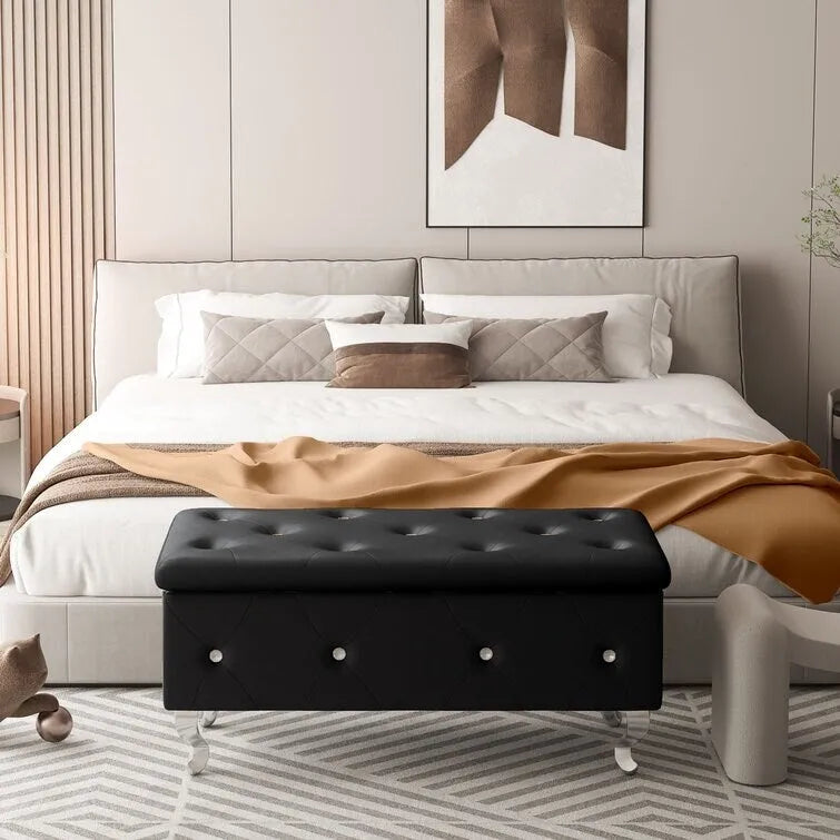 Banc de rangement capitonné en similicuir avec plateau relevable, boutons en cristal et pieds argentés