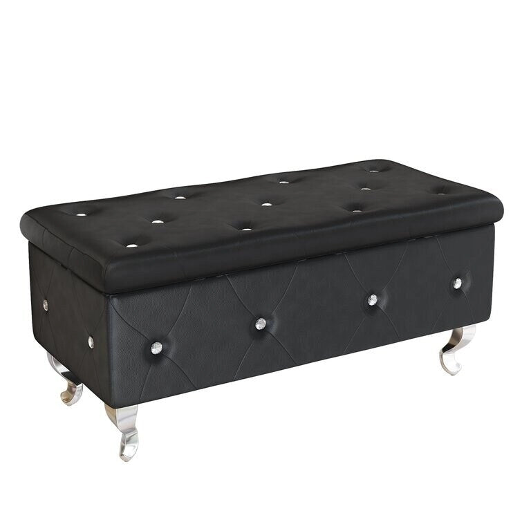 Banc de rangement capitonné en similicuir avec plateau relevable, boutons en cristal et pieds argentés